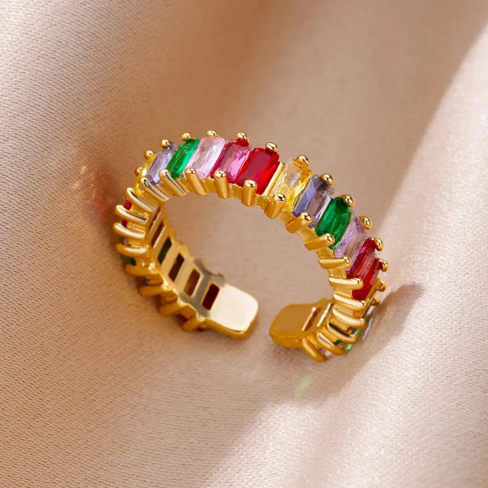 Colorful Cubic Zircon Ring for Women Stainless Steel Gold Color Open Ring Vintage Boho Wedding Party Jewelry Gift Accessories