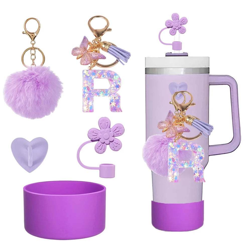 5pcs Accessories Set For Stanley Tumbler with Handle Resin Alphabet Initial Letter Keychain Keyring for Women Purse Handbags