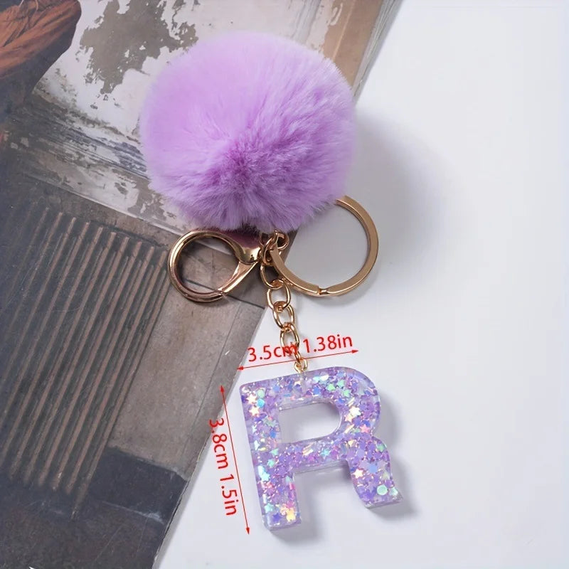 A-Z 26 Alphabet Letter keychain resin star sequin key ring cute purple plush ball keychain women's bag pendant fashion gift