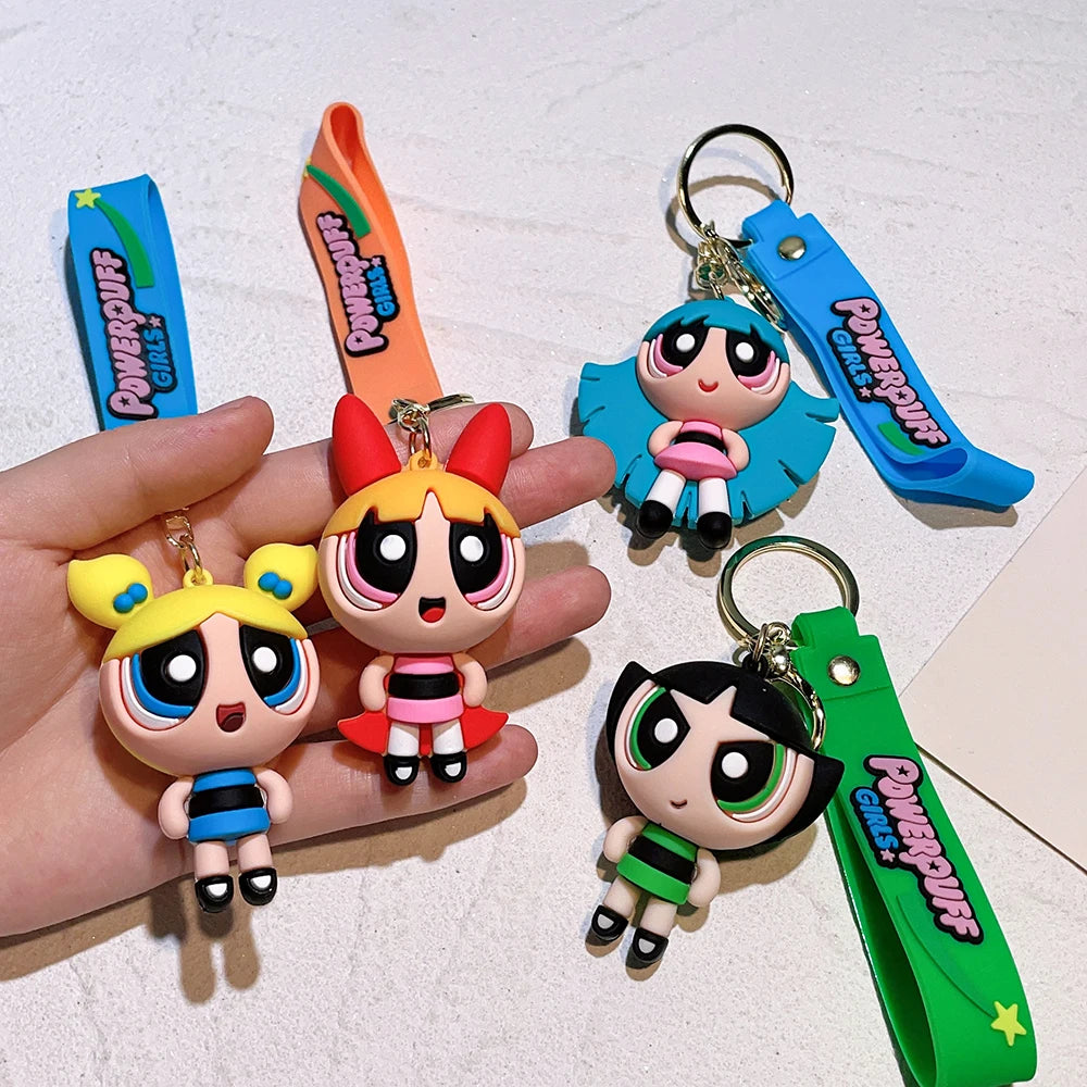 The Powerpuff Girls Creative Keychain for Women Men Fans Cartoon Cute Silicone Doll Pendant Keyring Gifts Keys Holder