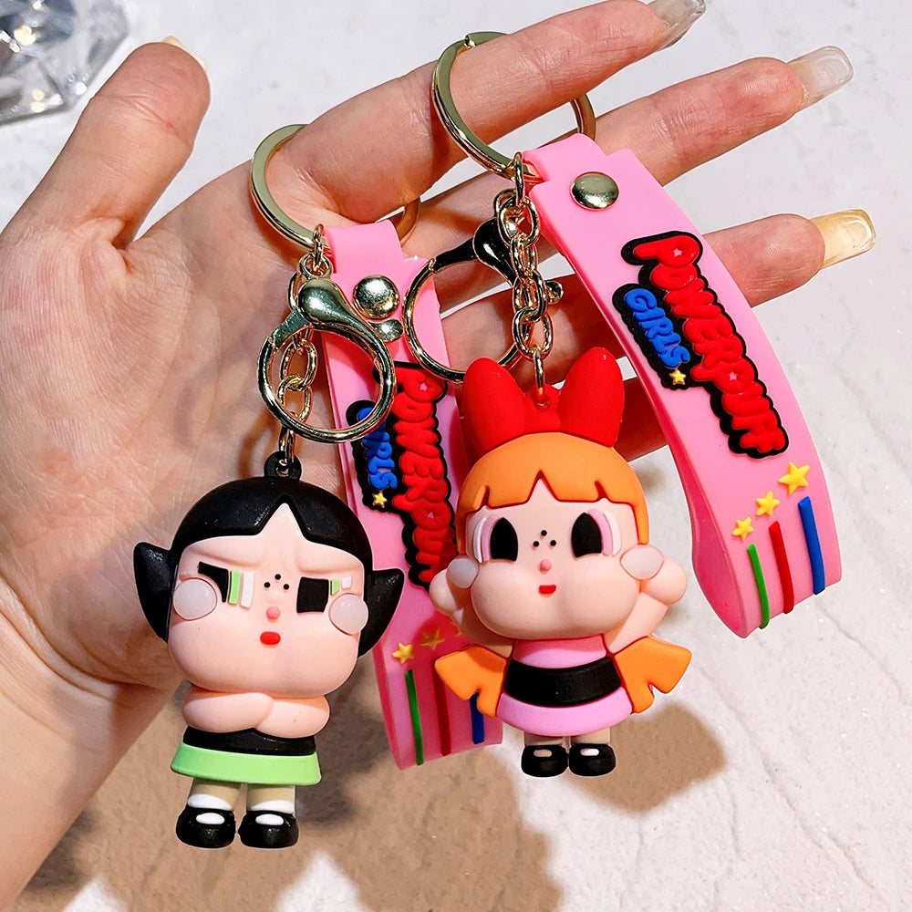 The Powerpuff Girls Creative Keychain for Women Men Fans Cartoon Cute Silicone Doll Pendant Keyring Gifts Keys Holder