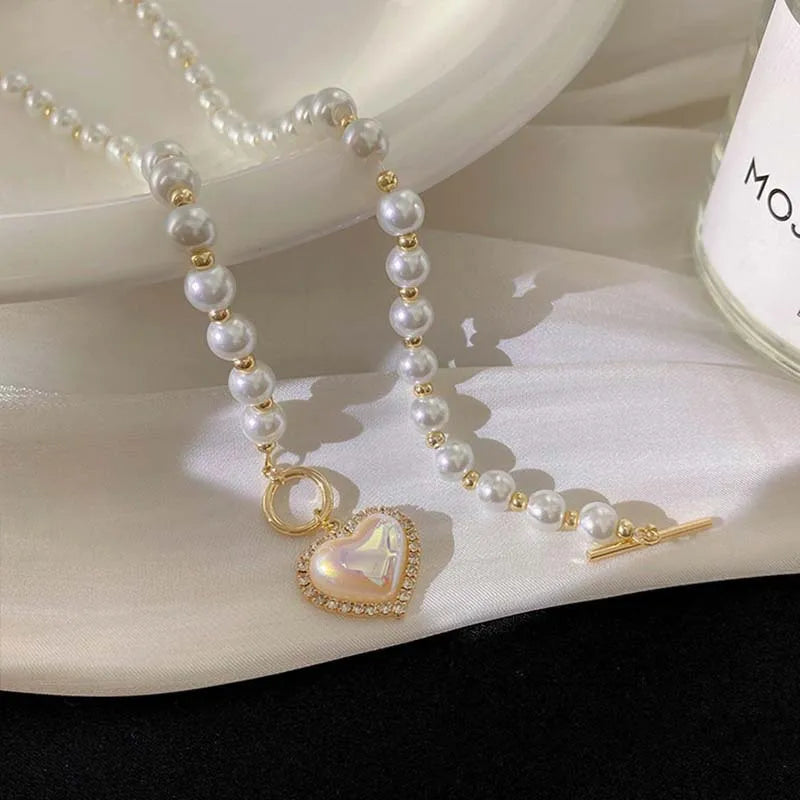 Korean Elegant Big White Imitation Pearl Bead Necklace for Women Heart Shaped Necklace Sweet Wedding Party Jewelry Girls Gifts