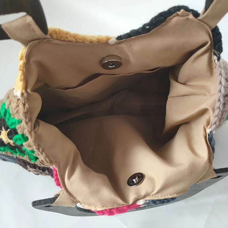 Bohemian Granny SquareCrochet Women Handbags Vintage Wooden Knitted Hand Bags Handmade Woven Large Tote Big Shopper Purses 2023