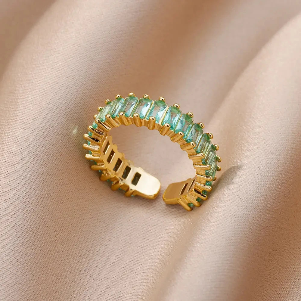 Colorful Cubic Zircon Ring for Women Stainless Steel Gold Color Open Ring Vintage Boho Wedding Party Jewelry Gift Accessories
