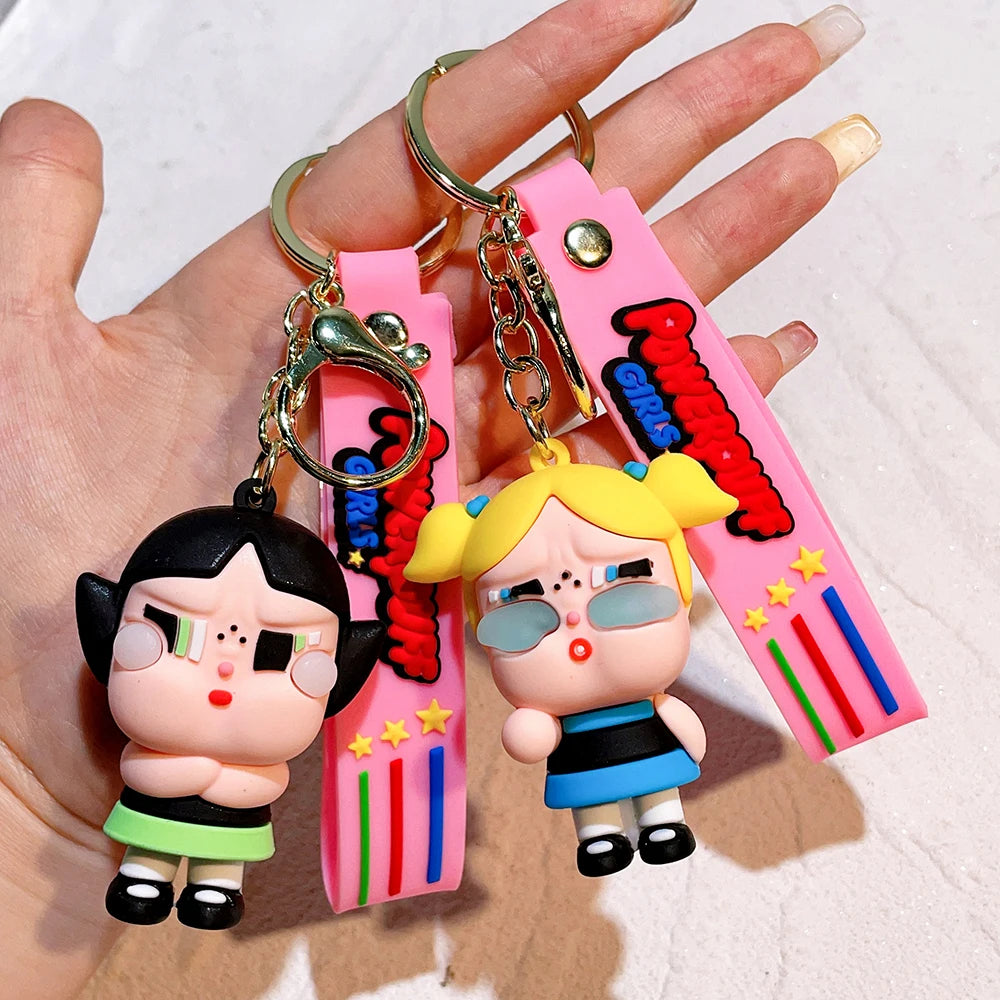 The Powerpuff Girls Creative Keychain for Women Men Fans Cartoon Cute Silicone Doll Pendant Keyring Gifts Keys Holder