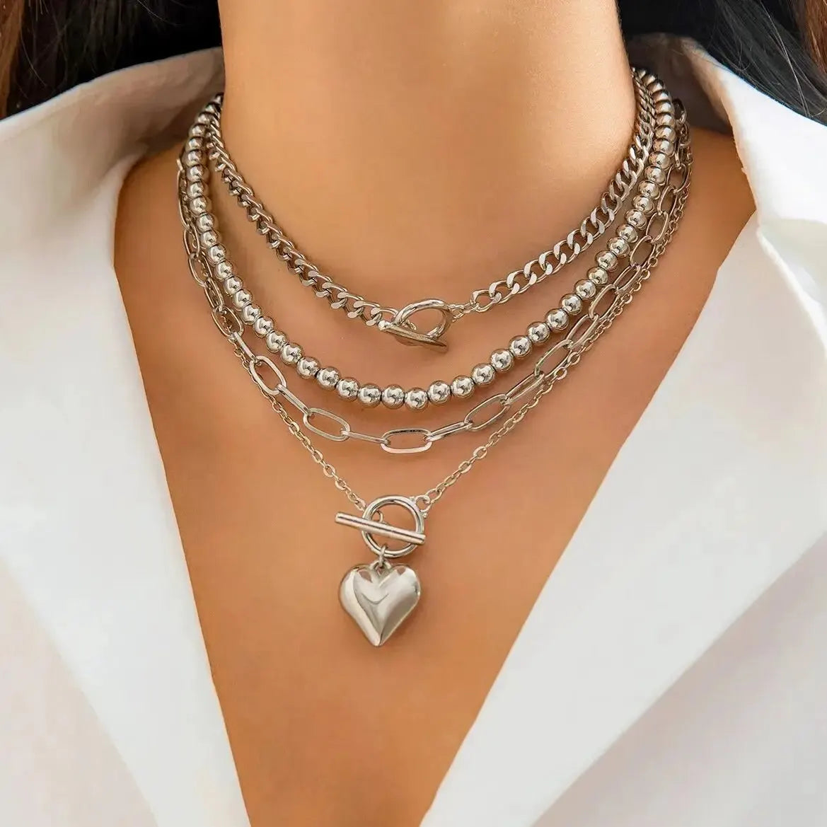 4Pcs/Set Punk Gold Color Heart Pendant Necklace for Women 2024 Trendy OT Buckle Beaded Neck Chain Choker Y2K Jewelry Accessories
