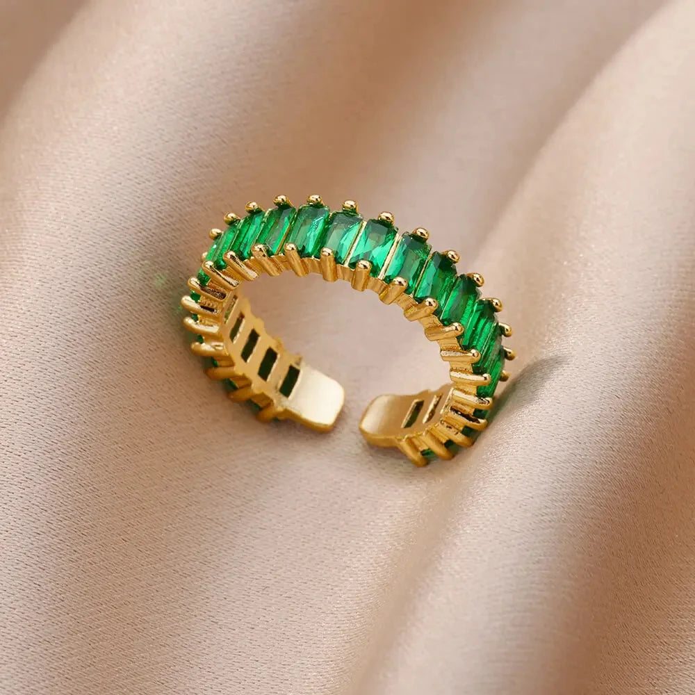 Gold Color Cubic Zircon Rings For Women Open Stainless Steel Green Color Luxury Crystal Finger Ring Boho Jewelry Wedding Gift