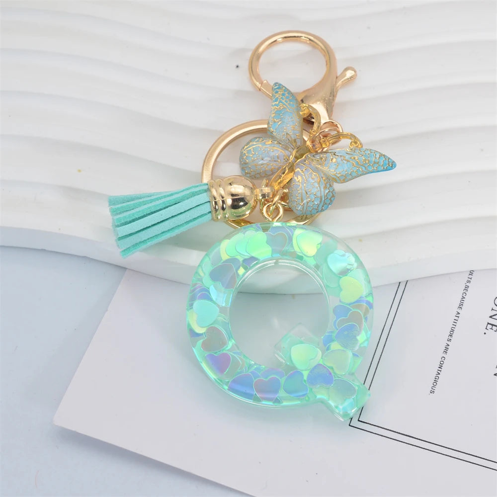 Fashion Green Tassel Butterfly 26Letter Keychain Heart-shaped Sequin Filled Resin Alphabet Keyring for Women Car Handbag Pendant