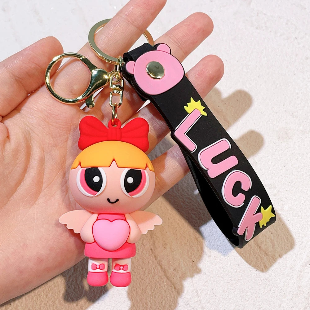 Anime Cartoon The Powerpuff Girls Keychain Cute Super Policewoman Keyring Couple School Bag Car Key Pendant Small Gift