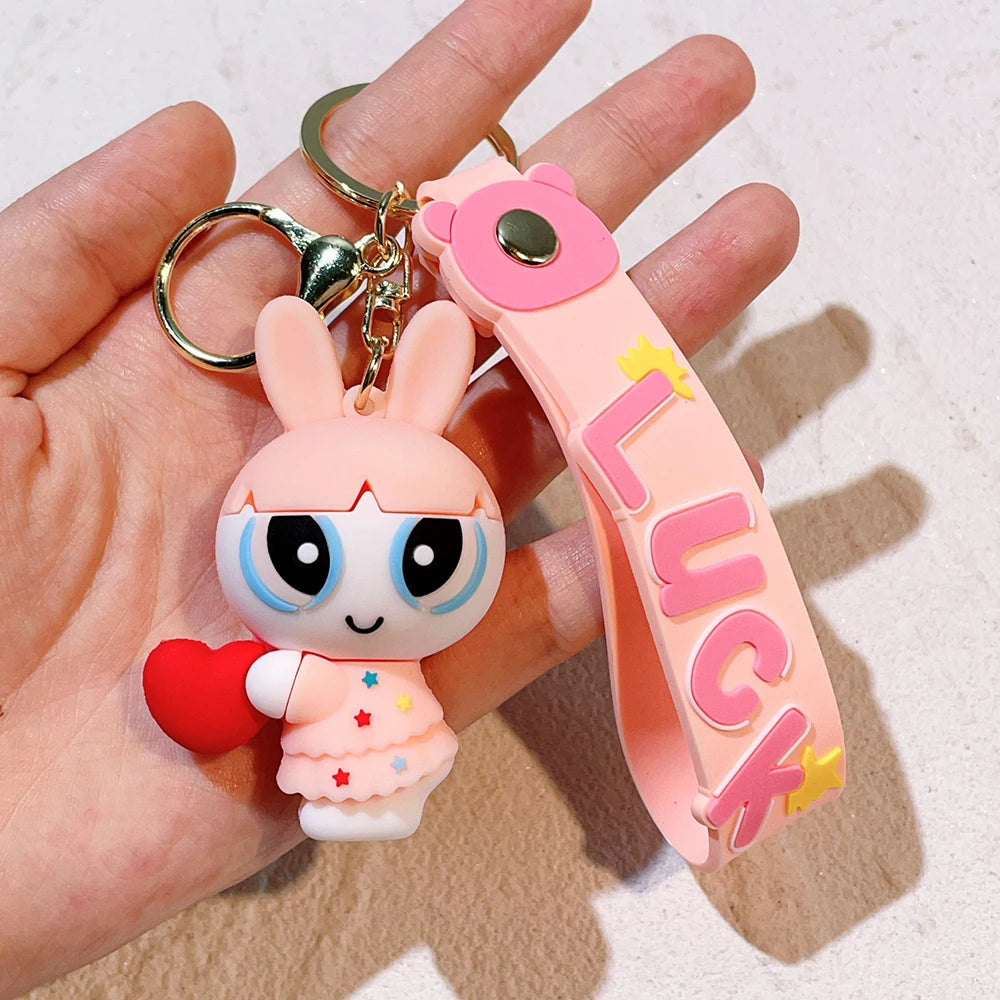 Anime Cartoon The Powerpuff Girls Keychain Cute Super Policewoman Keyring Couple School Bag Car Key Pendant Small Gift