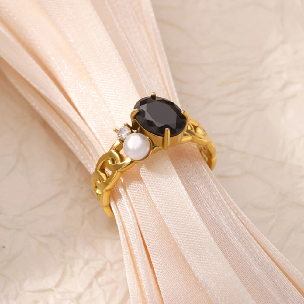 Geometric Round Zircon Rings for Women Stainless Steel Gold Color Lock Chain Ring Aesthetic Wedding Jewelry Gift for Valentine's