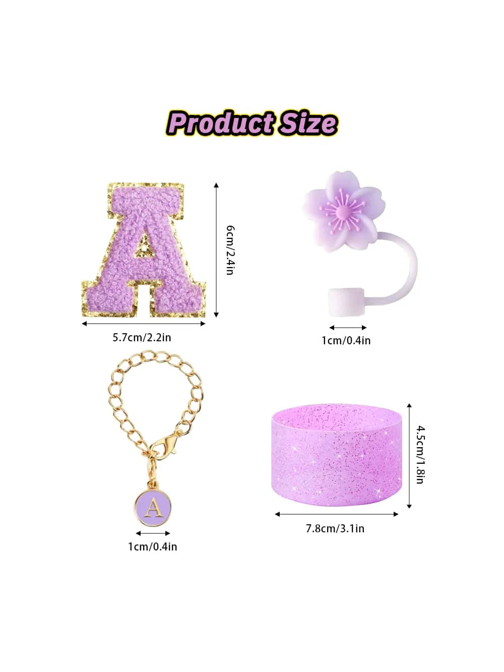 4Pcs Set for Stanley Cup Accessories, Including Initial Silicone Straw Lid, Name ID Letter,Selfadhesive Lette,Cup Sleeve(purper)