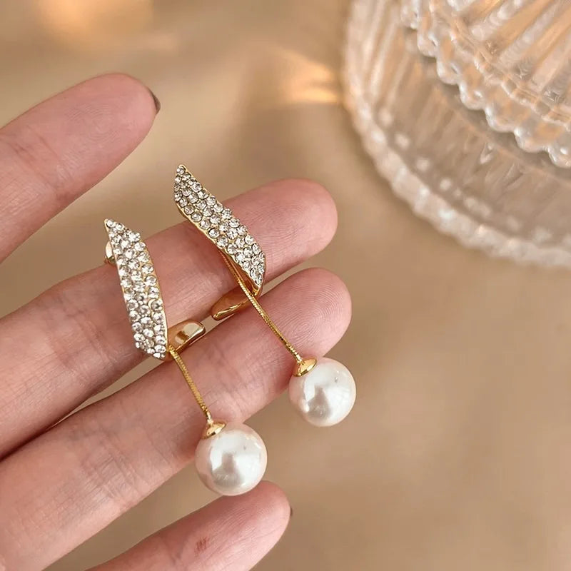 2Pcs New Classic Elegant Imitation Pearl Dangle Earrings For Women, Crystal Long Tassel Exquisite Drop Earring Wedding Jewelry