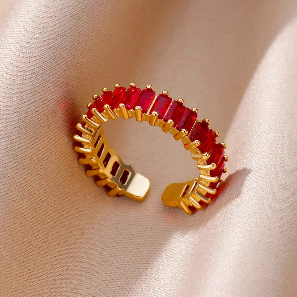 Colorful Cubic Zircon Ring for Women Stainless Steel Gold Color Open Ring Vintage Boho Wedding Party Jewelry Gift Accessories
