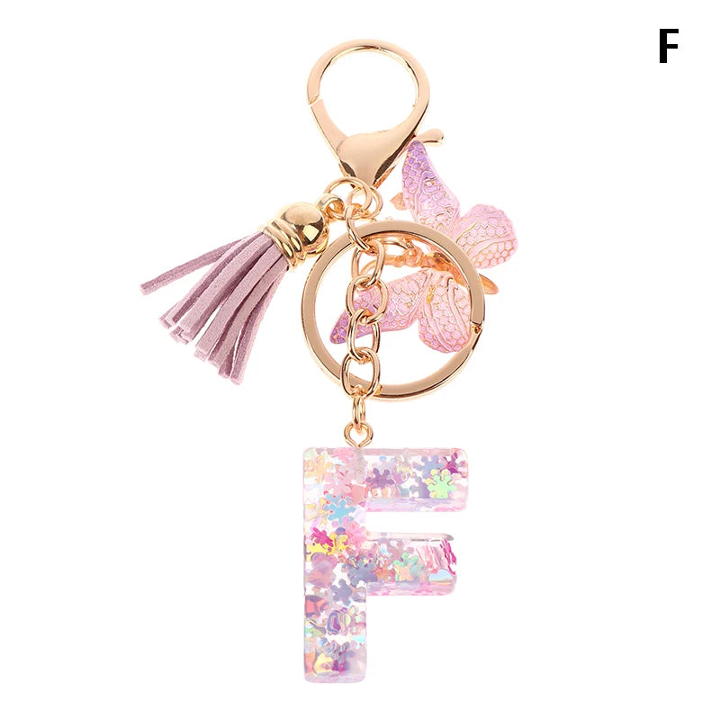 A-Z Dreamy Sequin Letters Keychain For Women Tassel Butterfly Pendant Initial Keyring Purse Suspension Bags Charms Car Key Chain