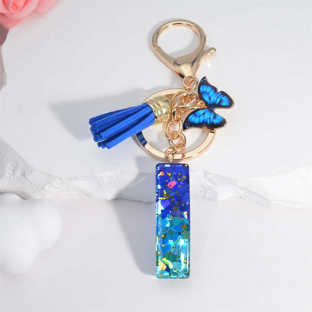 26 English Alphabet Letter Tassels Keychain Crystal Acrylic Butterfly Pendent Key Chain Women Gift Fashion Jewelry Accessories