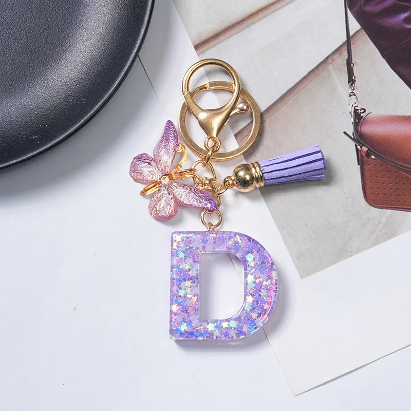 A To Z Purple Stars Filled Letter Keychain 26 Initials Alphabet Butterfly Tassel Charms Keyrings Bag Ornament Car Trinket Gift