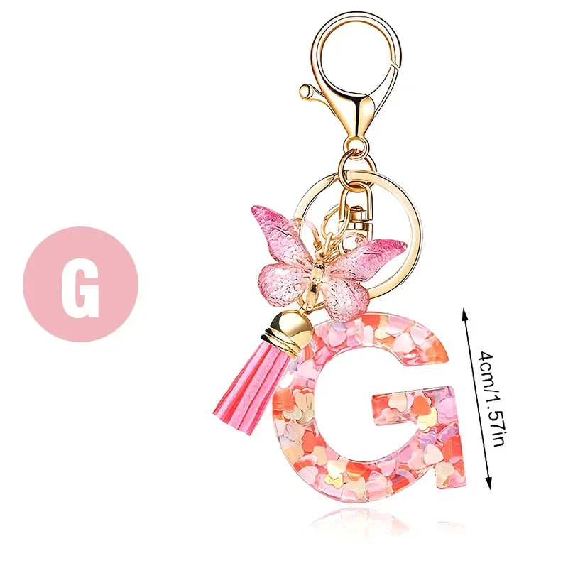A-Z Dreamy Sequin Letters Keychain for Women Tassel Butterfly Pendant Initial Keyring Purse Suspension Bags Charms Car Key Chain