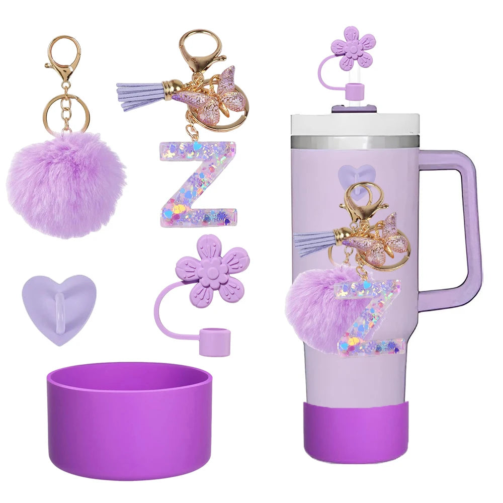 5pcs Accessories Set For Stanley Tumbler with Handle Resin Alphabet Initial Letter Keychain Keyring for Women Purse Handbags