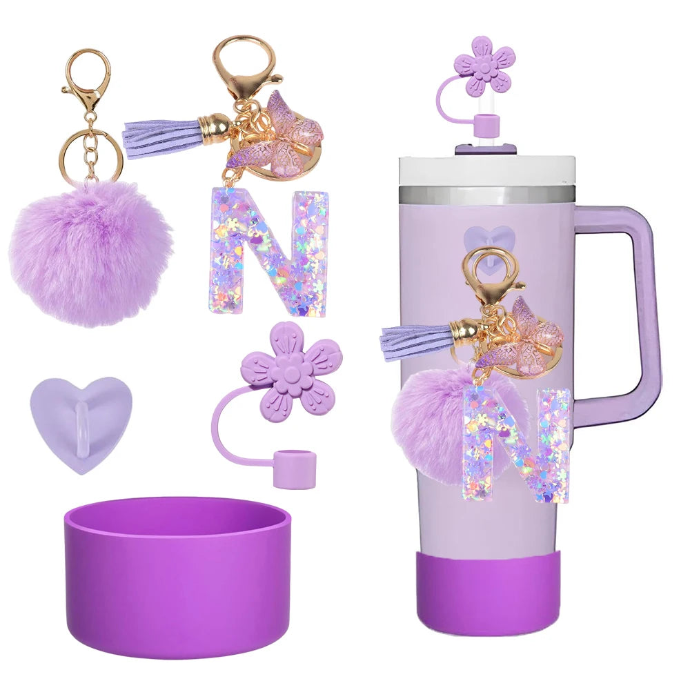 5pcs Accessories Set For Stanley Tumbler with Handle Resin Alphabet Initial Letter Keychain Keyring for Women Purse Handbags