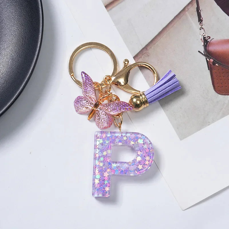 Cute Butterfly Tassel Letter Keychain Purple Stars Sequins Filled Resin A to Z Letter Keyring for Women Purse Charm Festive Gift