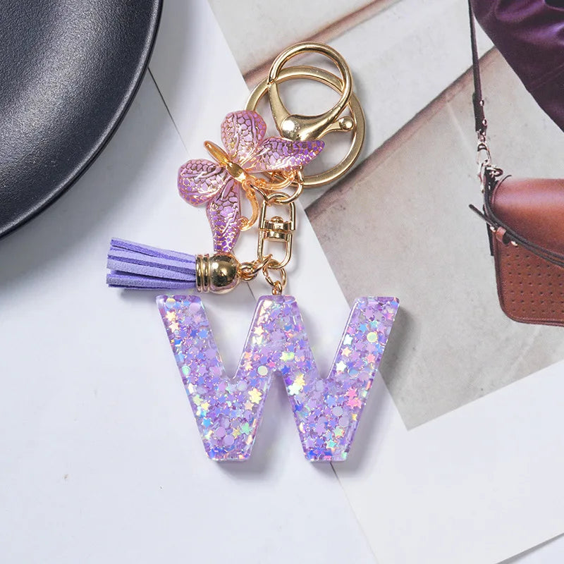 A To Z Purple Stars Filled Letter Keychain 26 Initials Alphabet Butterfly Tassel Charms Keyrings Bag Ornament Car Trinket Gift
