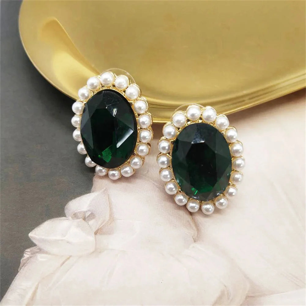 Vintage Double Layer Pearl Necklace Emerald Pearl Earrings Choker Women Elegant Clavicle Chain Banquet Party Fashion Accessories
