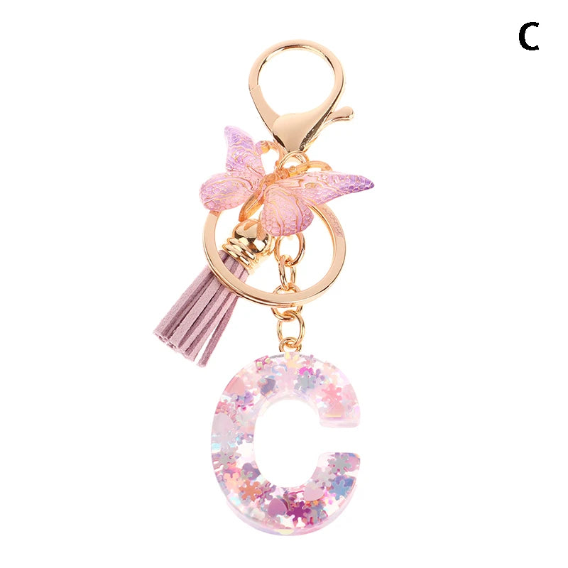 A-Z Dreamy Sequin Letters Keychain For Women Tassel Butterfly Pendant Initial Keyring Purse Suspension Bags Charms Car Key Chain