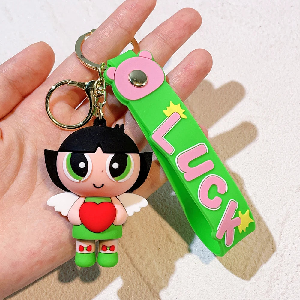 Anime Cartoon The Powerpuff Girls Keychain Cute Super Policewoman Keyring Couple School Bag Car Key Pendant Small Gift
