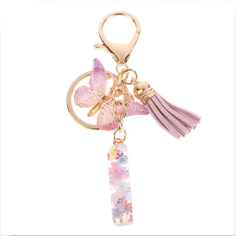 A-Z Dreamy Sequin Letters Keychain for Women Tassel Butterfly Pendant Initial Keyring Purse Suspension Bags Charms Car Key Chain