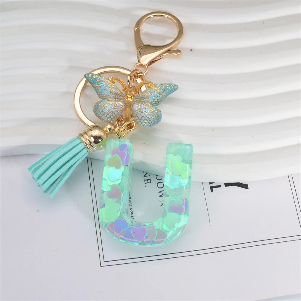 Fashion Green Tassel Butterfly 26Letter Keychain Heart-shaped Sequin Filled Resin Alphabet Keyring for Women Car Handbag Pendant