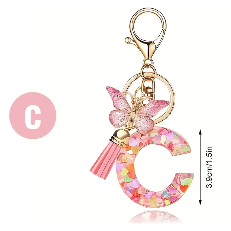 A-Z Dreamy Sequin Letters Keychain for Women Tassel Butterfly Pendant Initial Keyring Purse Suspension Bags Charms Car Key Chain