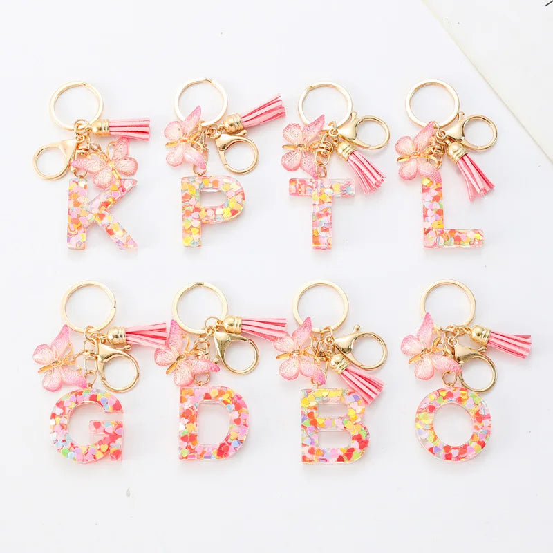 A-Z Dreamy Sequin Letters Keychain for Women Tassel Butterfly Pendant Initial Keyring Purse Suspension Bags Charms Car Key Chain