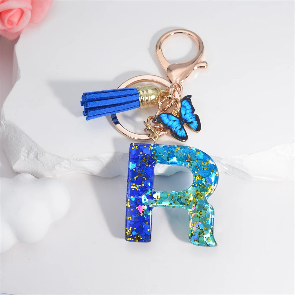 26 English Alphabet Letter Tassels Keychain Crystal Acrylic Butterfly Pendent Key Chain Women Gift Fashion Jewelry Accessories