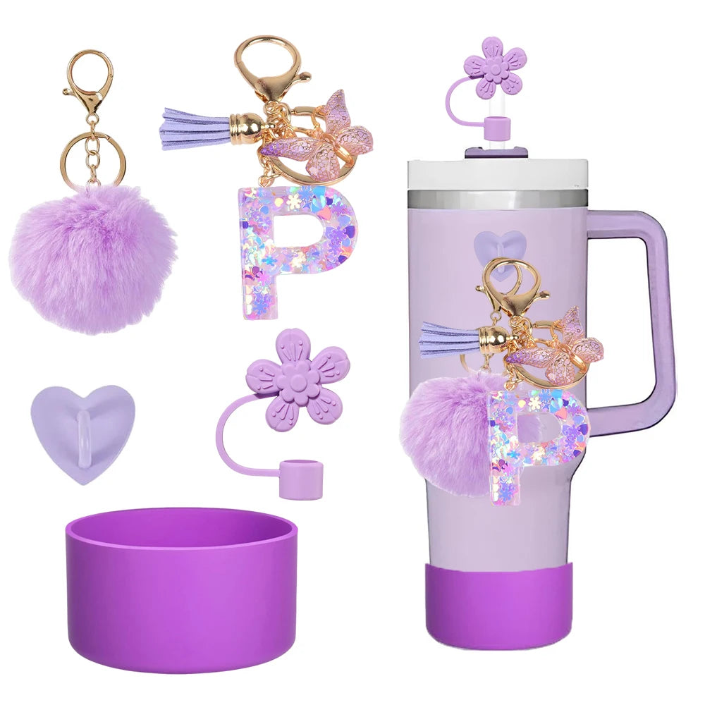 5pcs Accessories Set For Stanley Tumbler with Handle Resin Alphabet Initial Letter Keychain Keyring for Women Purse Handbags
