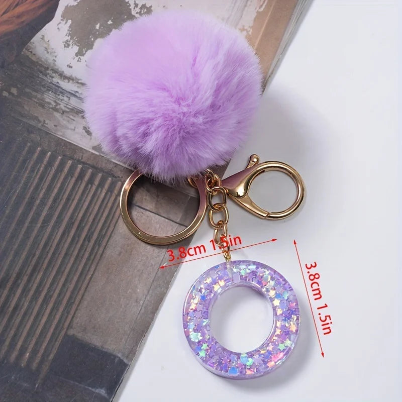 A-Z 26 Alphabet Letter keychain resin star sequin key ring cute purple plush ball keychain women's bag pendant fashion gift