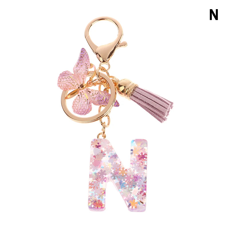 A-Z Dreamy Sequin Letters Keychain For Women Tassel Butterfly Pendant Initial Keyring Purse Suspension Bags Charms Car Key Chain