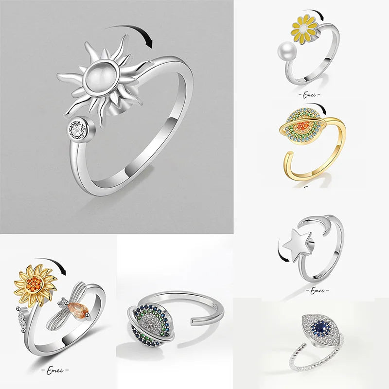 Anti Stress Anxiety Fidget Rings for Women Satinless Steel Spinner Sunflower Sun Star Ring Trendy Jewelry Gift Dropshipping