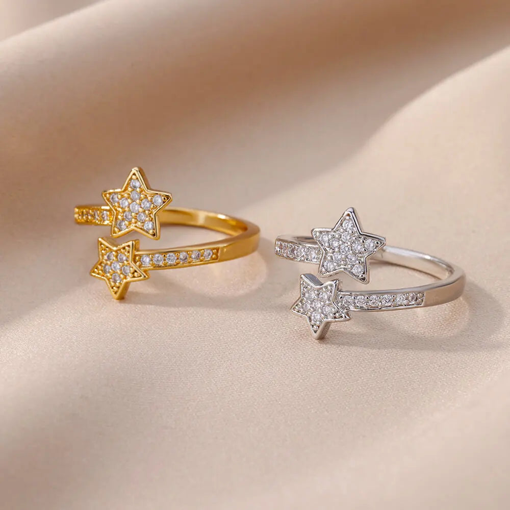 Zircon Double Star Rings For Women Girls Stainless Steel Gold Color y2k Ring 2024 New Trending Wedding Party Aesthetic Jewelry