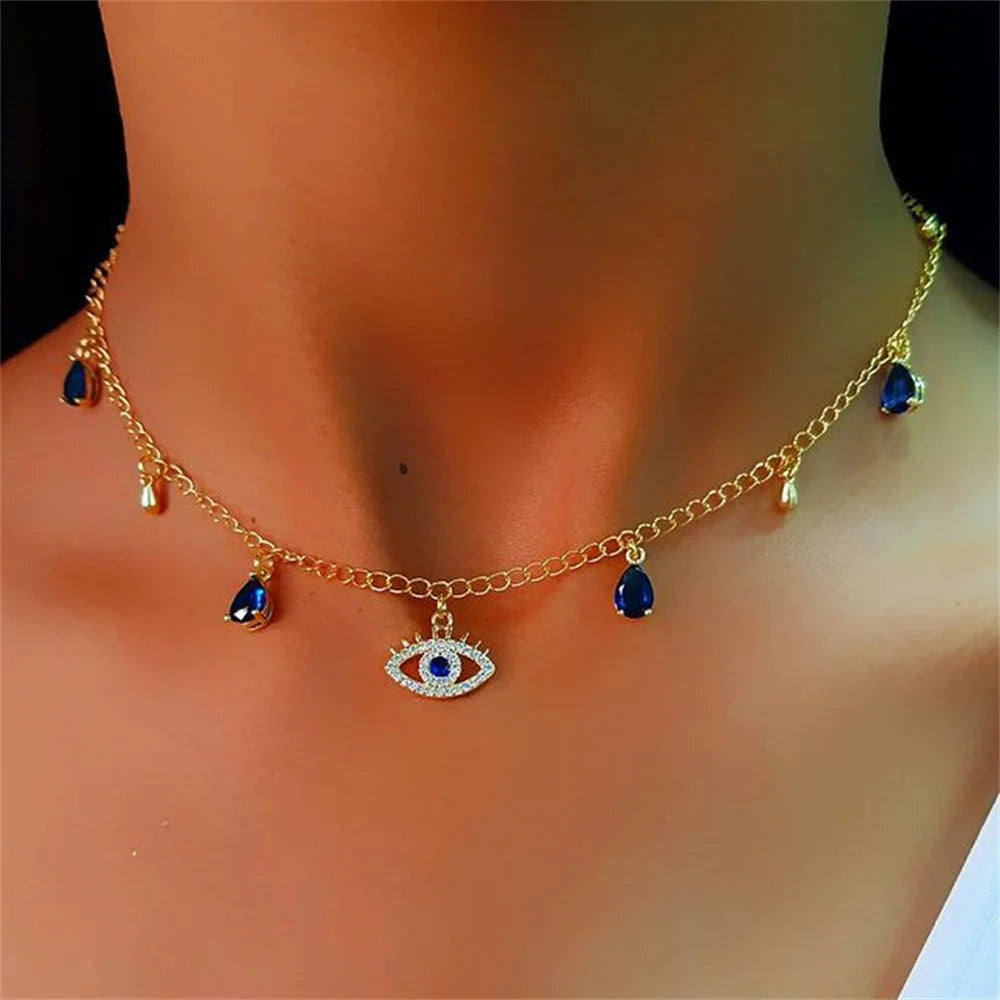 Trend Zircon Devil's Eye Pendant Necklace For Women Gold Color Stainless Steel Double Layer Lip Chain Choker Jewelry Wholesale