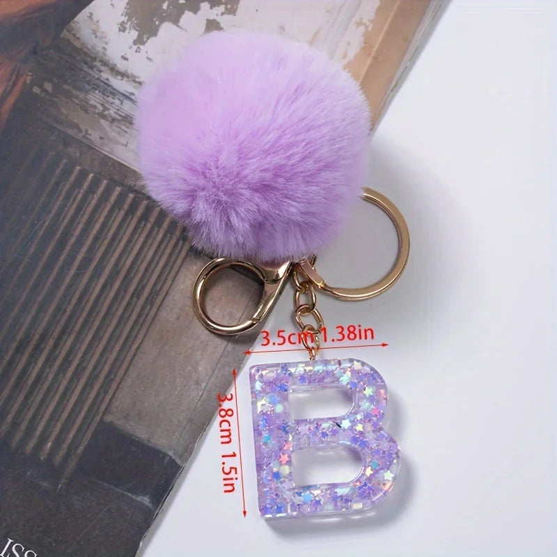 A-Z 26 Alphabet Letter keychain resin star sequin key ring cute purple plush ball keychain women's bag pendant fashion gift