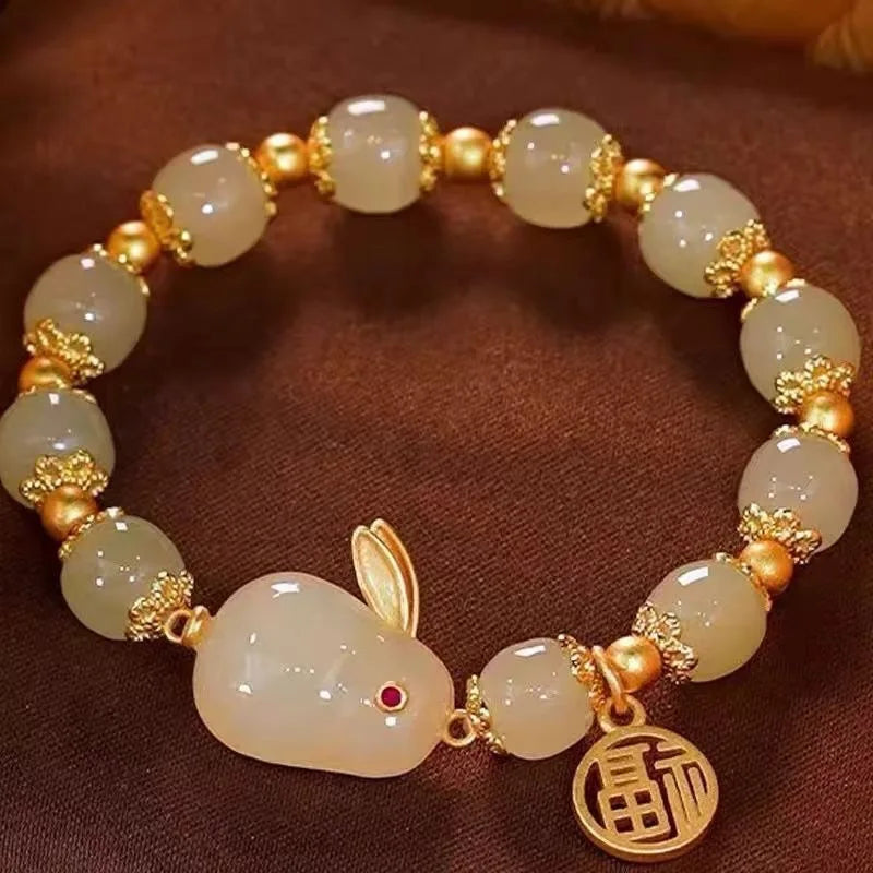 Chinese Style Green Hetian Jade Bracelet For Women Vintage Gold Color Leaves Double Layer Beaded Bracelet Jewelry Gifts