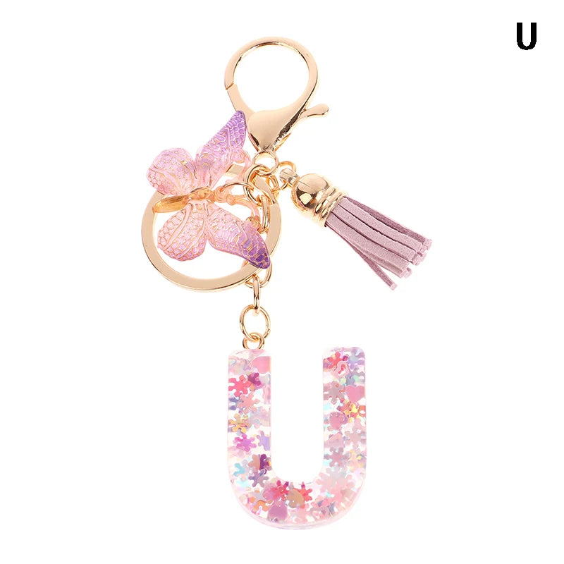 A-Z Dreamy Sequin Letters Keychain For Women Tassel Butterfly Pendant Initial Keyring Purse Suspension Bags Charms Car Key Chain