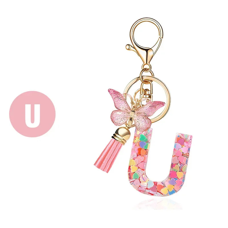 A-Z Dreamy Sequin Letters Keychain for Women Tassel Butterfly Pendant Initial Keyring Purse Suspension Bags Charms Car Key Chain