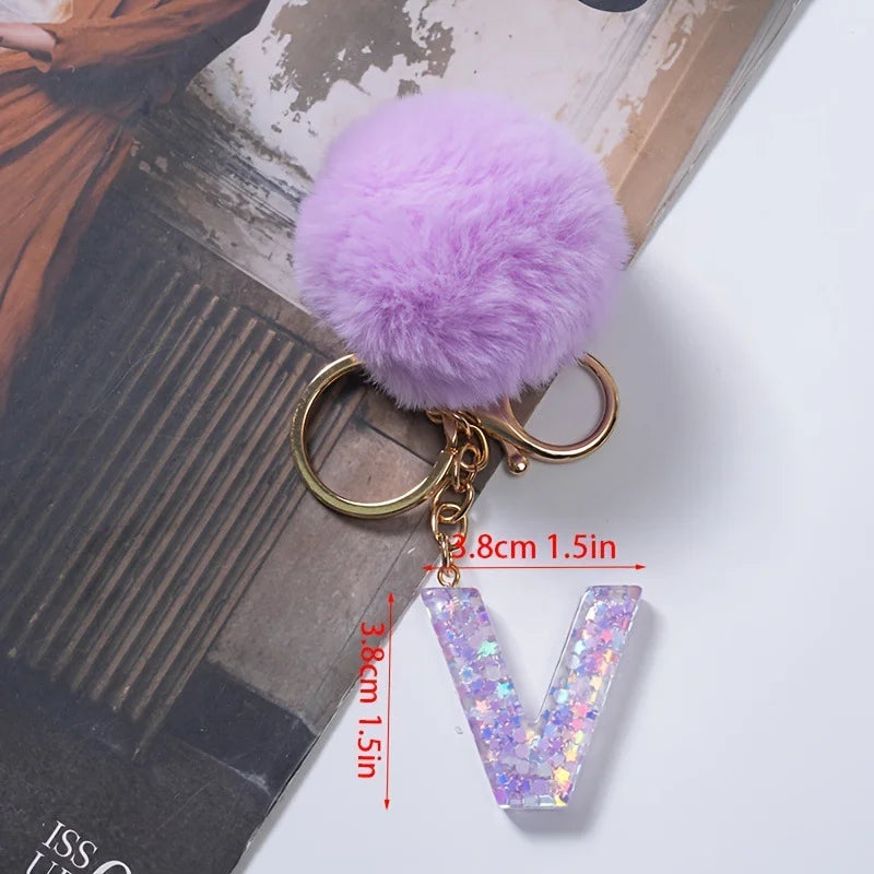 A-Z 26 Alphabet Letter keychain resin star sequin key ring cute purple plush ball keychain women's bag pendant fashion gift