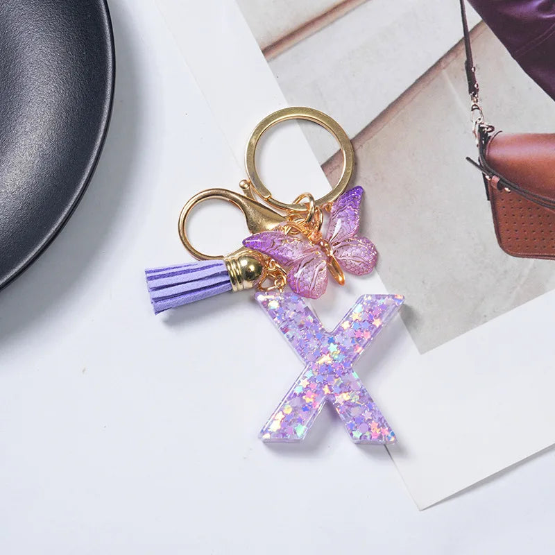A To Z Purple Stars Filled Letter Keychain 26 Initials Alphabet Butterfly Tassel Charms Keyrings Bag Ornament Car Trinket Gift