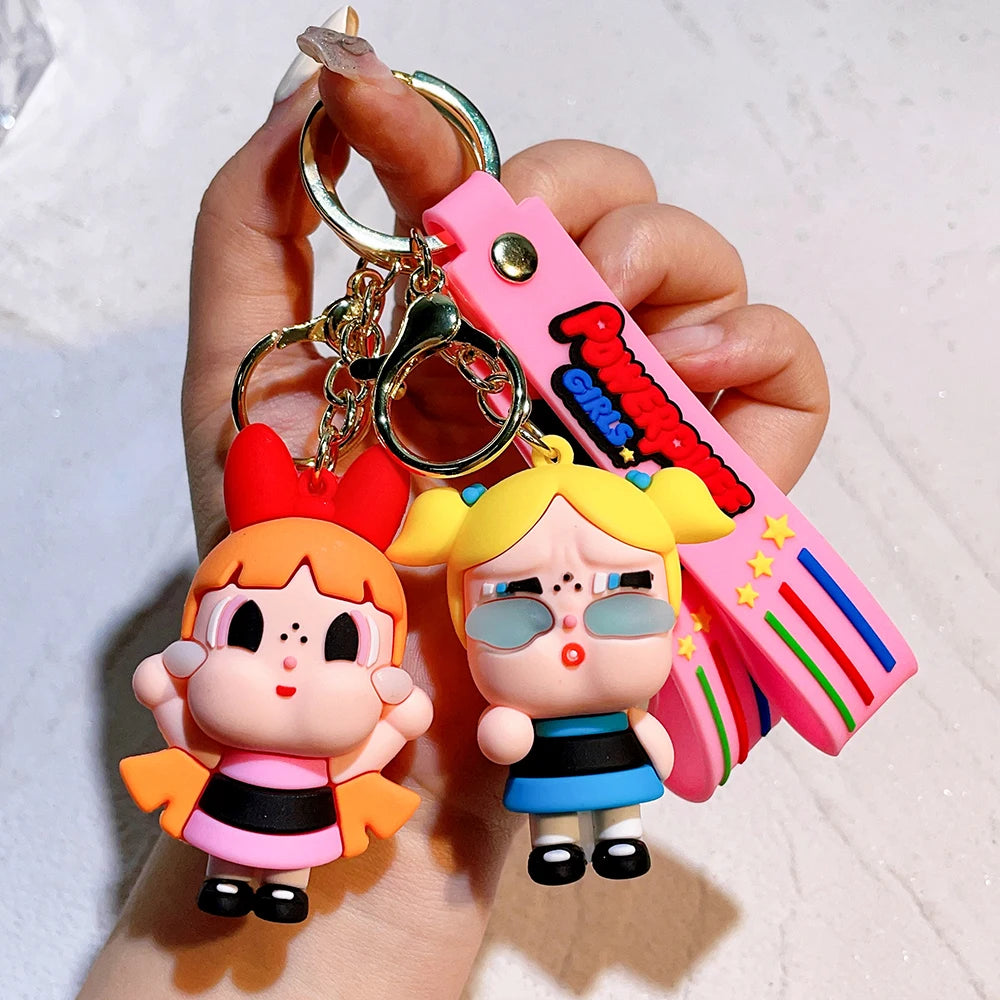 The Powerpuff Girls Creative Keychain for Women Men Fans Cartoon Cute Silicone Doll Pendant Keyring Gifts Keys Holder