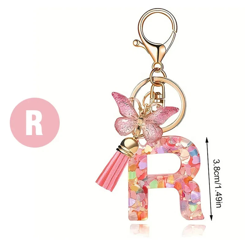 A-Z Dreamy Sequin Letters Keychain for Women Tassel Butterfly Pendant Initial Keyring Purse Suspension Bags Charms Car Key Chain