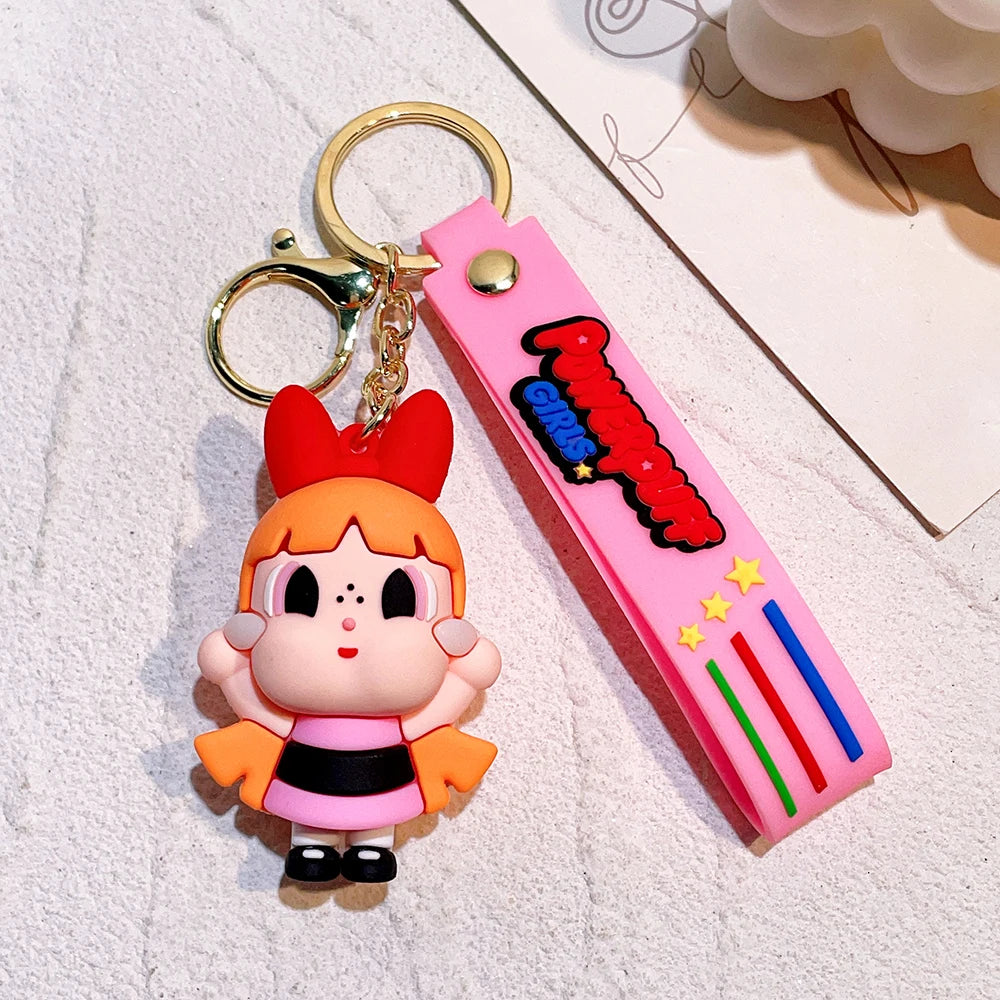 The Powerpuff Girls Creative Keychain for Women Men Fans Cartoon Cute Silicone Doll Pendant Keyring Gifts Keys Holder