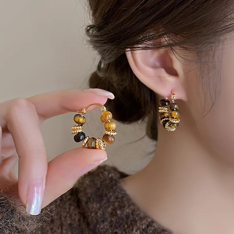 Gold Plating Dripping Coffee Color Tiger's-eye Stone Round U-shaped Hoop Earrings for Women Vintage Ear Buckles Fashion Jewelry